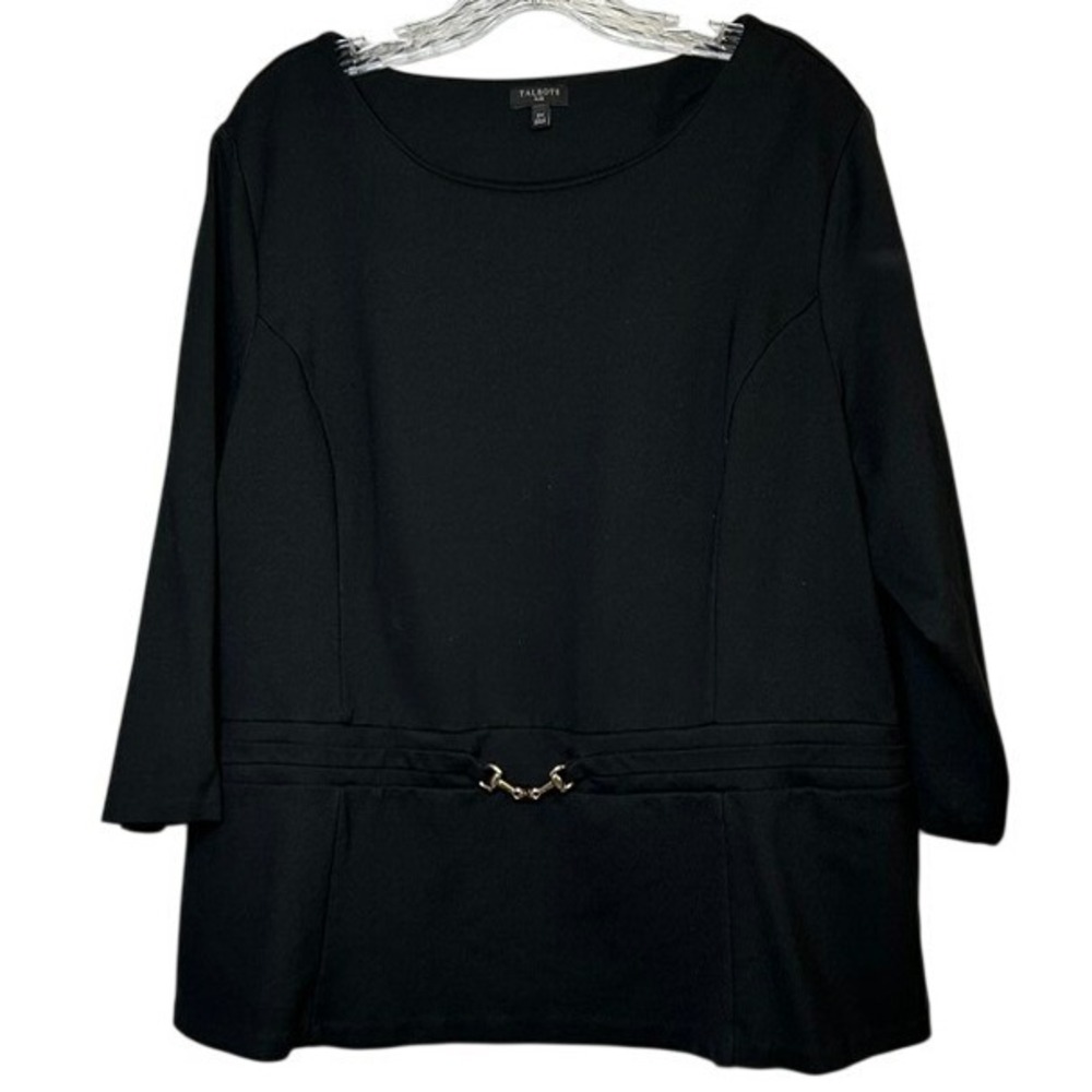 Talbots Plus Ponte Peplum Blouse 2X Black 3/4 Sleeve Top Women's
